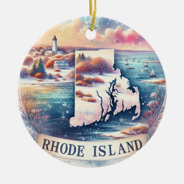 Rhode Island Snowy Winter Weihnachtsbaum Keramik Ornament (Vorne)