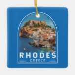 Rhodes Greece Illustration Travel Art Vintag Keramikornament<br><div class="desc">Rhodes Retrovektorreisdesign. Rhodos,  die größte der Dodekaner-Inseln Griechenlands,  ist bekannt für seine Badeorte und die alten Ruinen.</div>