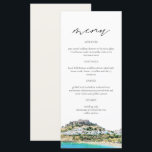 RHODES Greece Skyline Watercolor Wedding Menu Card Menükarte<br><div class="desc">Auf der Speisekarte steht ein Aquarellbild von Rhodos,  der griechischen Küste,  gepaart mit einer einfachen Schriftart-Kombination. Dieses Menü ist perfekt für Ihr Ziel oder Abenteuer thematische Hochzeit oder Veranstaltung.</div>