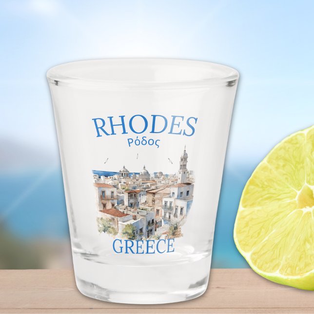 Rhodes Greece Watercolor – Greek Island Souvenir Schnapsglas (Von Creator hochgeladen)