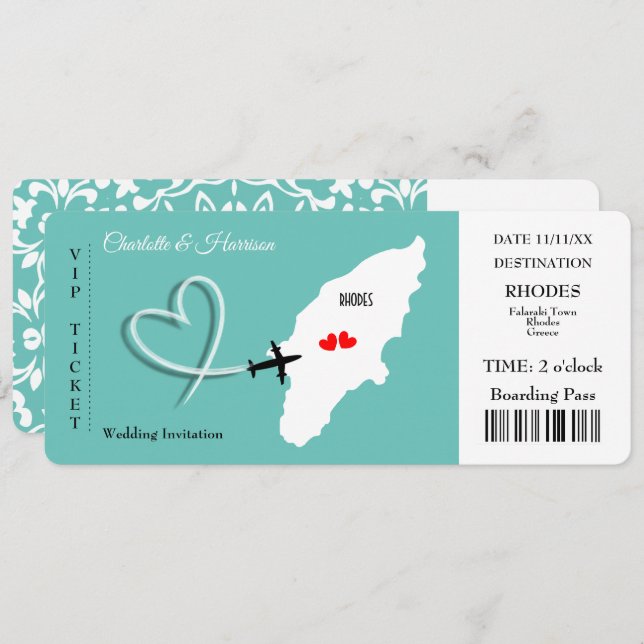 Rhodes Ticket Boarding Pass für das Hochzeitziel Einladung (Vorne/Hinten)