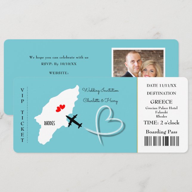 Rhodes Ticket für das Hochzeitziel Einladung (Vorne/Hinten)