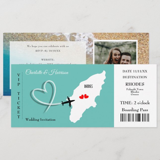Rhodes Wedding Destination Ticket Boarding Pass Einladung (Vorne/Hinten)