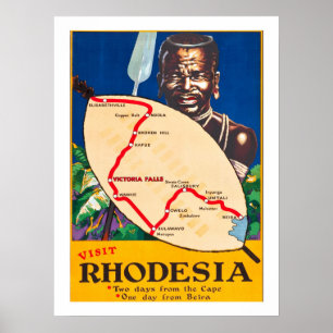 Rhodesia, traditioneller Krieger mit Karte auf dem Poster