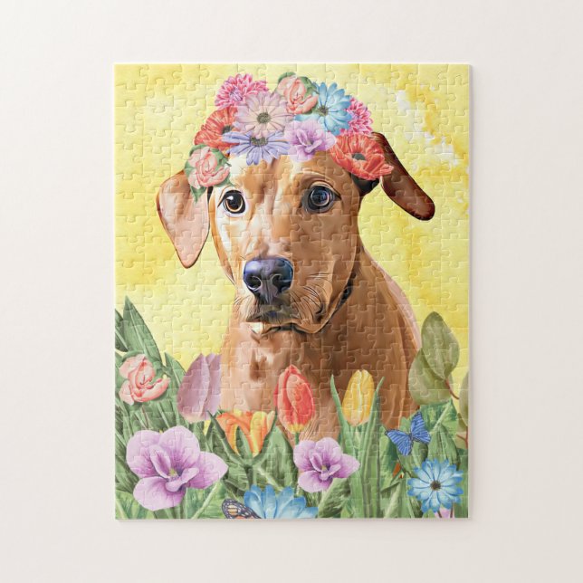 Rhodesian Rdgeback Dog mit Blume Spring Puzzle (Vertikal)