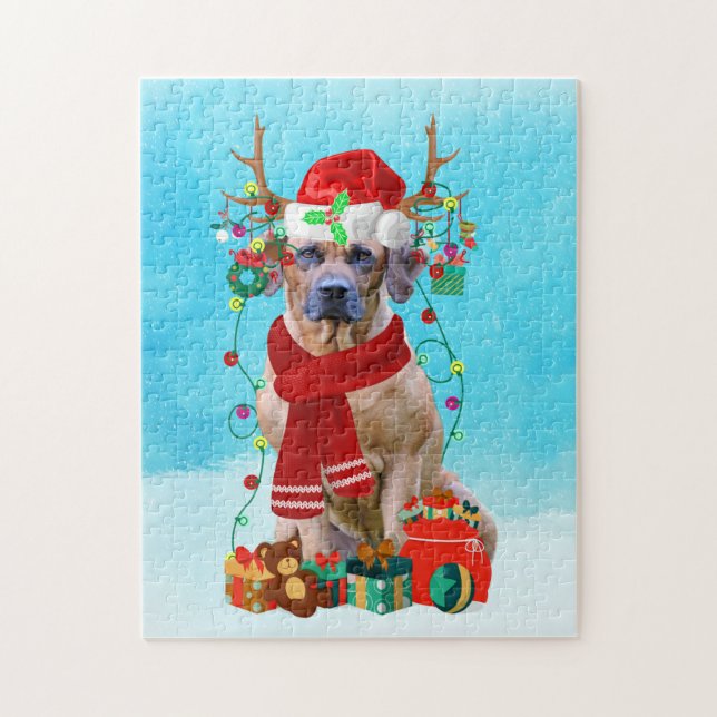 Rhodesian Rdgeback im Schnee mit Weihnachtsgeschen Puzzle (Vertikal)