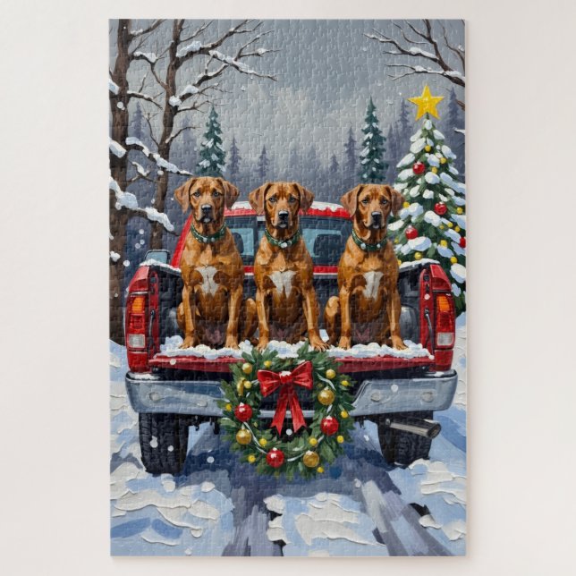 Rhodesian Ridgeback Christmas Red Truck Holiday Puzzle (Vertikal)
