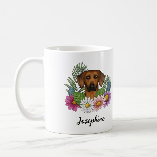 Rhodesian Ridgeback Dog Blume und Name Kaffeetasse (Links)
