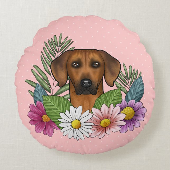 Rhodesian Ridgeback Dog Colorful Wildblumen Rundes Kissen (Vorderseite)