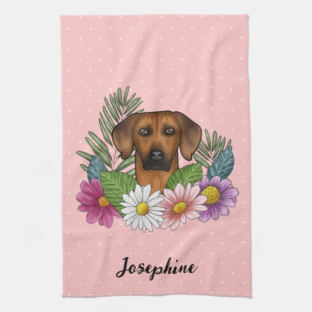 Rhodesian Ridgeback Dog Farbige Wildblumen Rosa Geschirrtuch (Vertikal)