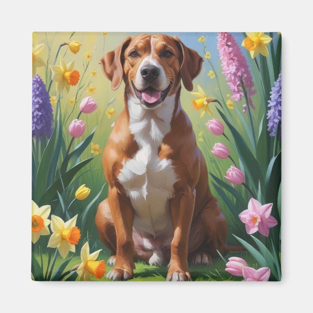 Rhodesian Ridgeback Dog Frühlingsblumen Malerei Magnet (Vorne)
