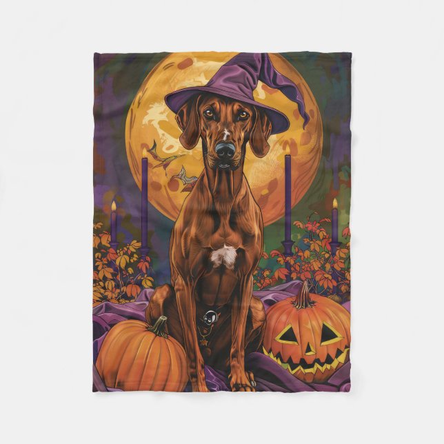 Rhodesian Ridgeback Dog Halloween Hexenkürbis Fleecedecke (Vorderseite)
