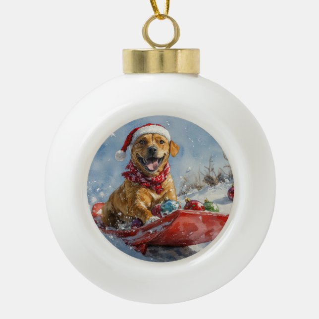 Rhodesian Ridgeback Dog in Sledge Weihnachten Keramik Kugel-Ornament (Vorderseite)