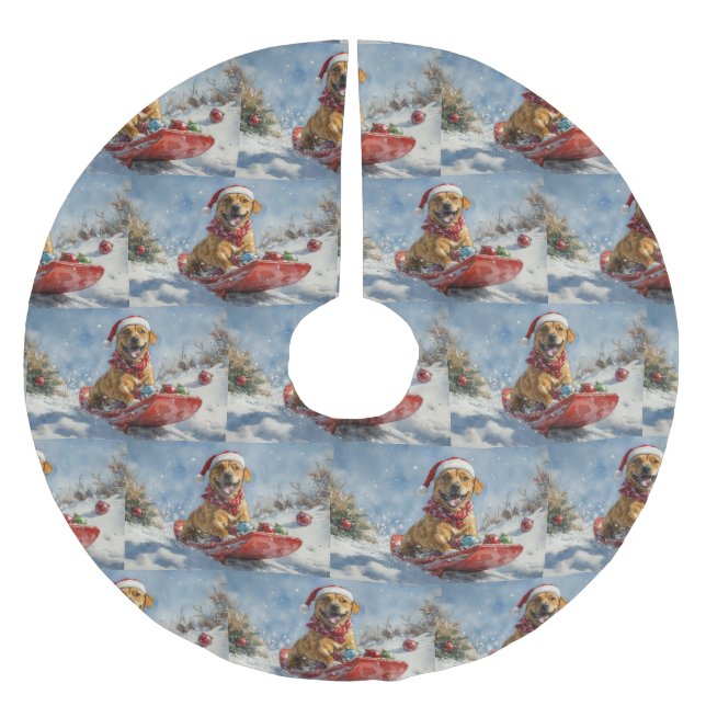 Rhodesian Ridgeback Dog in Sledge Weihnachten Polyester Weihnachtsbaumdecke (Vorderseite)