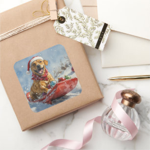 Rhodesian Ridgeback Dog in Sledge Weihnachten Quadratischer Aufkleber