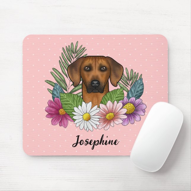 Rhodesian Ridgeback Head Bunte Blume und Name Mousepad (Mit Mouse)