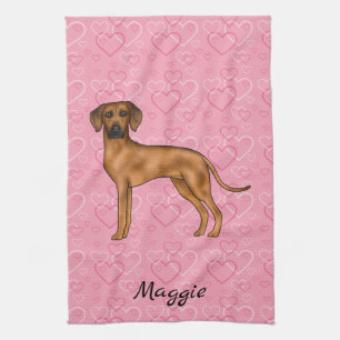 Rhodesian Ridgeback Hund auf rosa Herzen mit Namen Geschirrtuch