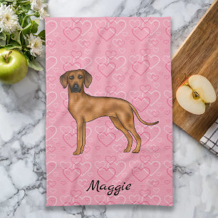 Rhodesian Ridgeback Hund auf rosa Herzen mit Namen Geschirrtuch