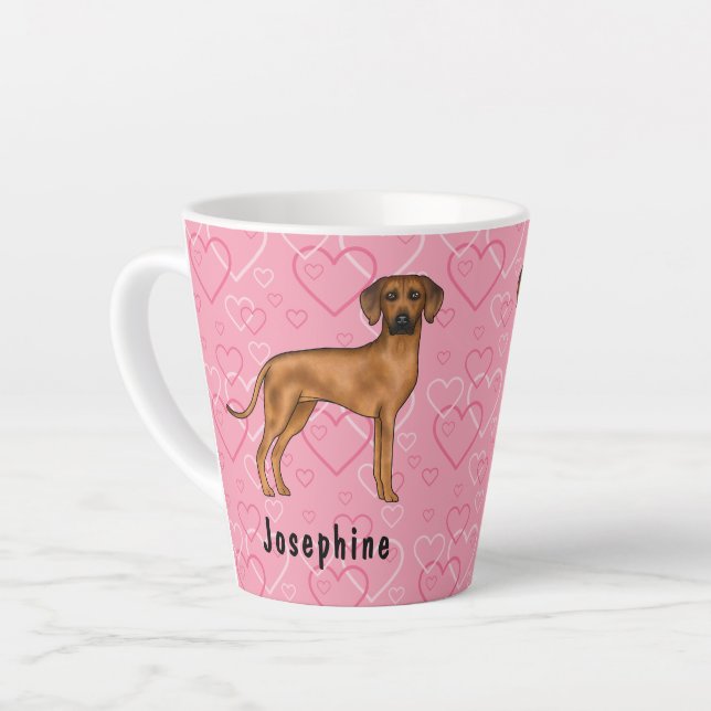 Rhodesian Ridgeback Hund auf rosa Herzen mit Namen Milchtasse (Linke Ecke)