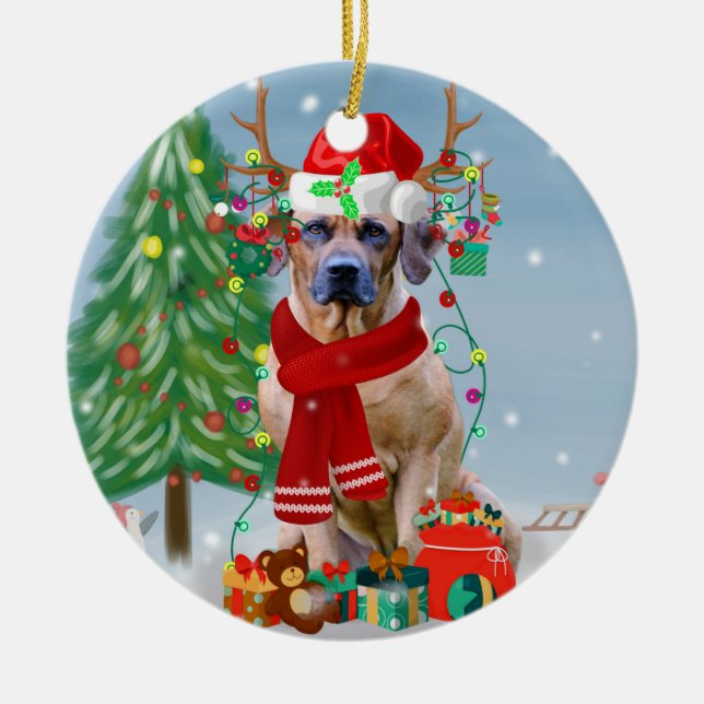 Rhodesian Ridgeback Hund in Schnee Weihnachtsgesch Keramik Ornament (Vorne)