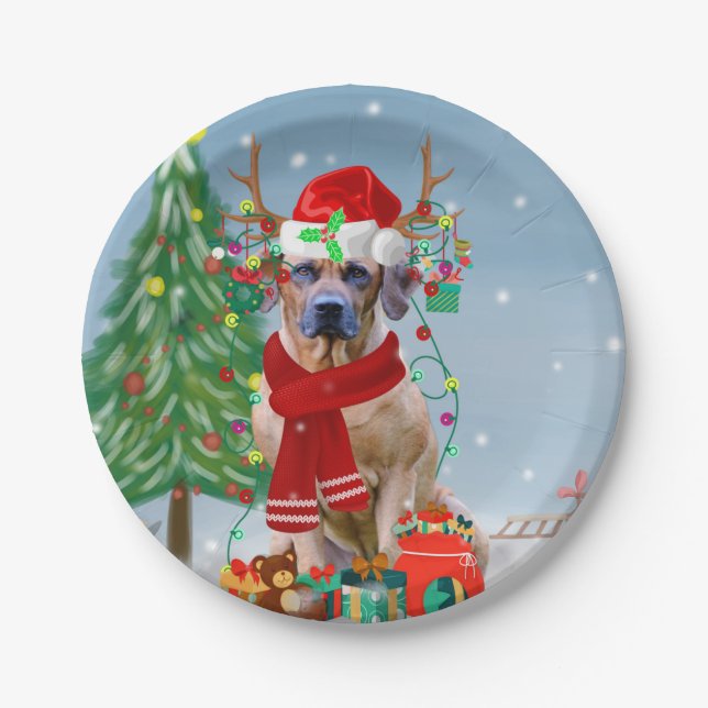 Rhodesian Ridgeback Hund in Schnee Weihnachtsgesch Pappteller (Vorderseite)