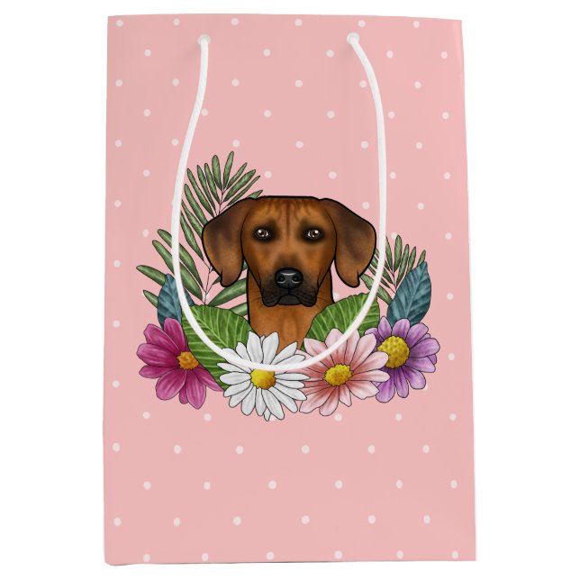 Rhodesian Ridgeback Hund Kopf-Wildblumen auf rosa Mittlere Geschenktüte (Vorderseite)