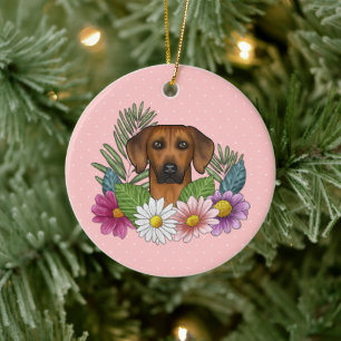 Rhodesian Ridgeback Hundekopf Farbige Blumen Rosa Keramik Ornament