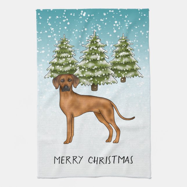 Rhodesian Ridgeback Lion Dog Snowy Winterwald Geschirrtuch (Vertikal)