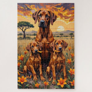 Rhodesian Ridgeback Savanna-Sonnenuntergang-Kunst Puzzle