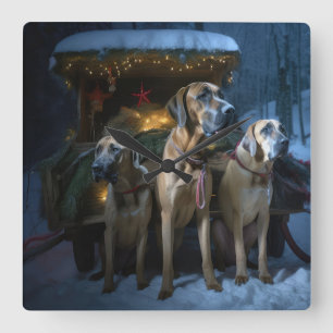 Rhodesian Ridgeback Snowy Sleigh Weihnachtsdekor Quadratische Wanduhr