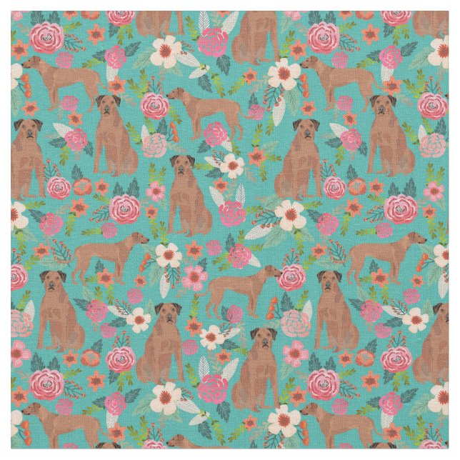Rhodesian ridgeback Vintage Blumen türkis Stoff (Nahaufnahme)