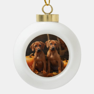 Rhodesian Ridgeback Welppy Autumn Delight Pumpkin Keramik Kugel-Ornament