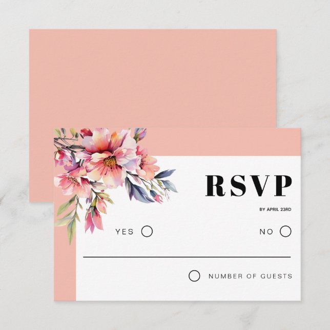 Rhododendron branch and peach pink flowers wedding RSVP karte (Vorne/Hinten)