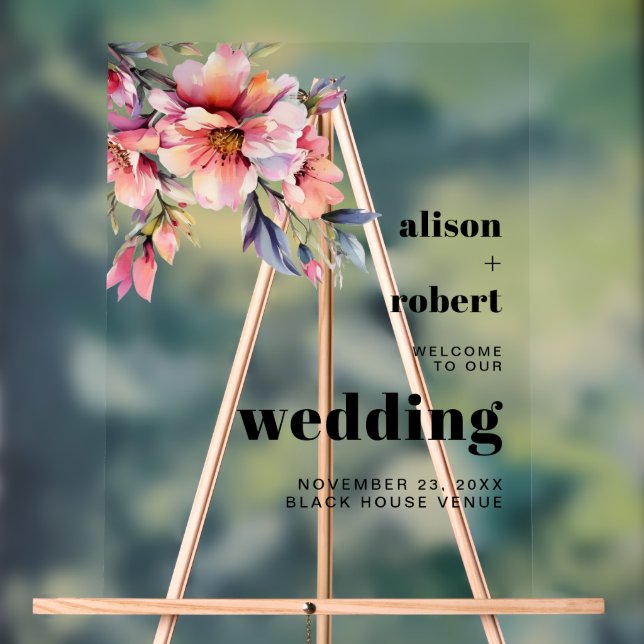 Rhododendron branch with flowers wedding WELCOME A Acrylschild (Neutral)