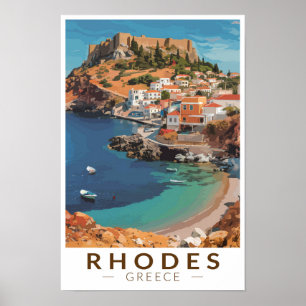 Rhodos Griechenland Illustration Reise Kunst Vinta Poster