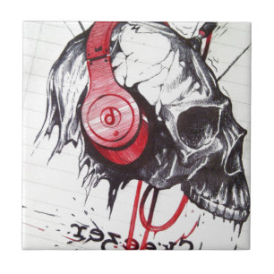 Rhythmischer Schädel mit roten Kopfhörern Grunge-S Fliese