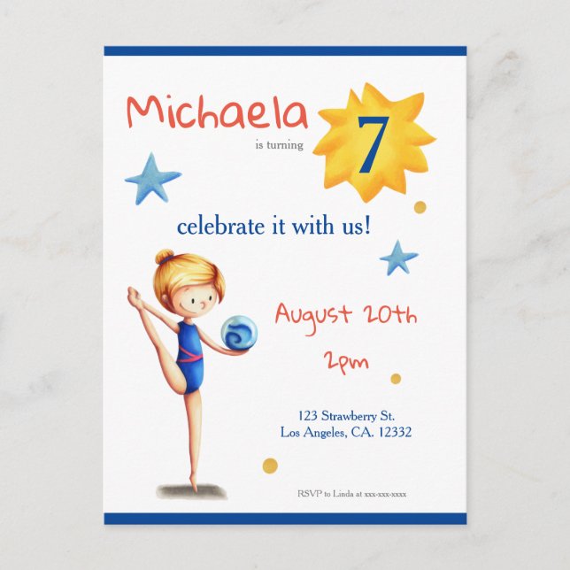 Rhythmisches Mädchen für Navy und Weiß mit Ball Einladungspostkarte (Vorderseite)