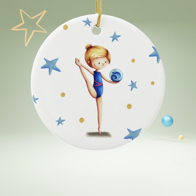 Rhythmusgymnast Weiß, Blau und Schwarz mit Ball Keramik Ornament (Cute blond gird doing rhythmic gymnastics with blue leotards and blue ball. )