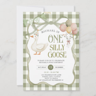 Ribbon Albern Goose Birthday Balloon Green Gingham Einladung