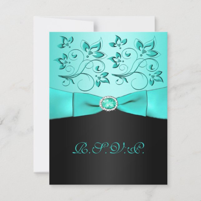RIBBON Aqua, Black Floral II RSVP-Karte RSVP Karte (Vorderseite)
