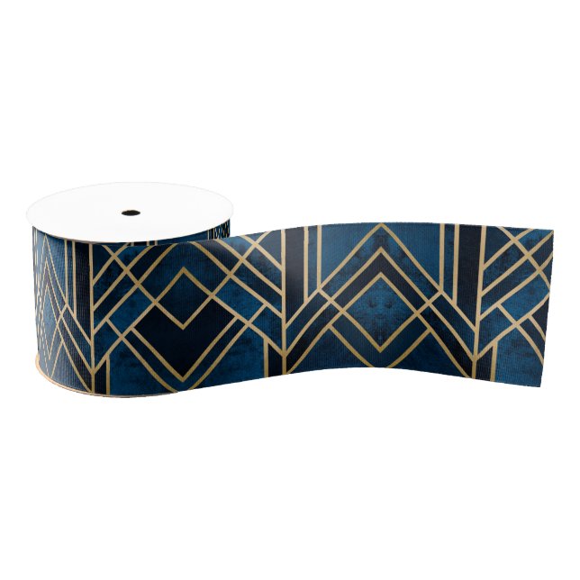 Ribbon - Art Deco Blue & Gold Mirrored Ripsband (Spule)