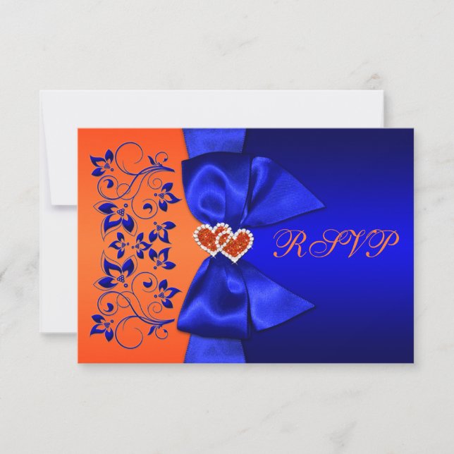 RIBBON Blau, Orangefarbene Blütenhochzeit RSVP (Vorderseite)