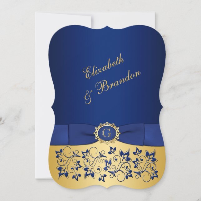 RIBBON Blue, Gold Floral Wedite 2 Einladung (Vorderseite)