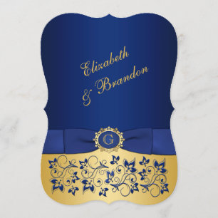 RIBBON Blue, Gold Floral Wedite 2 Einladung