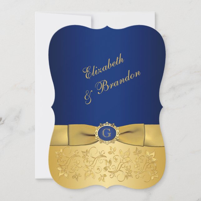 RIBBON Blue, Gold Floral Wedite 4 Einladung (Vorderseite)