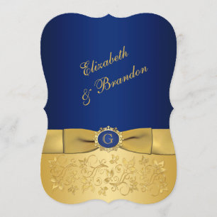 RIBBON Blue, Gold Floral Wedite 4 Einladung