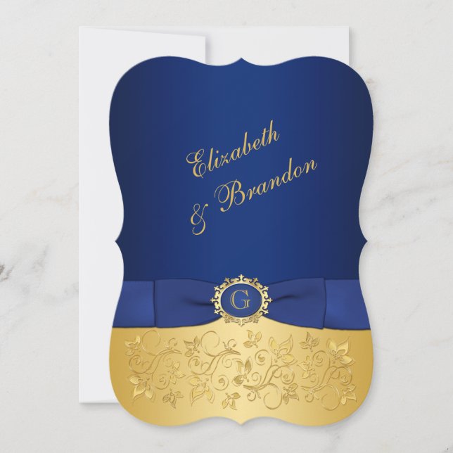 RIBBON Blue, Gold Floral Wedite Einladung (Vorderseite)