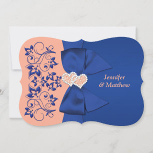 RIBBON Blue, Peach floral Wedite Einladung
