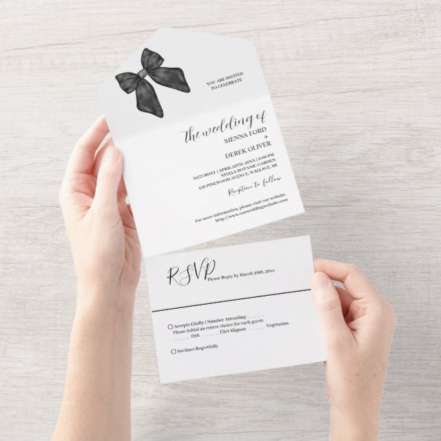 Ribbon Bow Classic Black & White Wedding All In One Einladung (Abreißen)