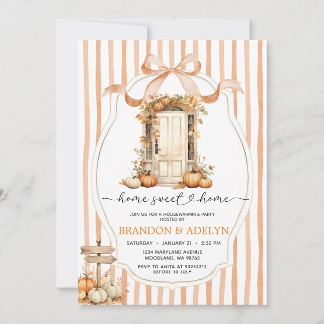 Ribbon Bow Pumpkin Housewarming Zuhause Sweet Zuha Einladung (Vorderseite)